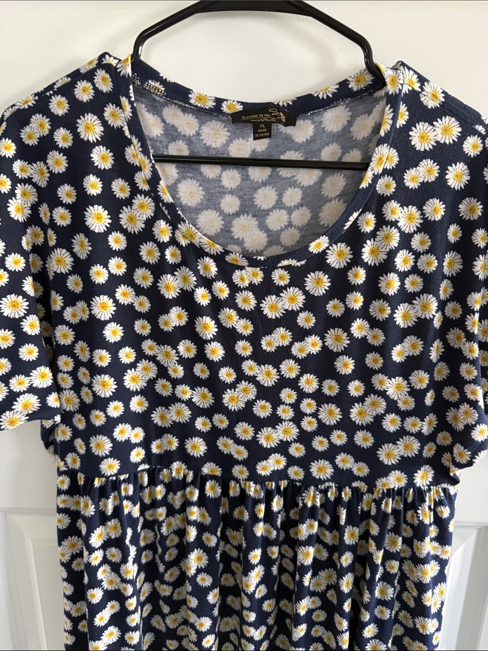 Suzanne Betro Navy and White Daisy Print Maxi WOMENS XL dress pockets scoop neck - Picture 2 of 6